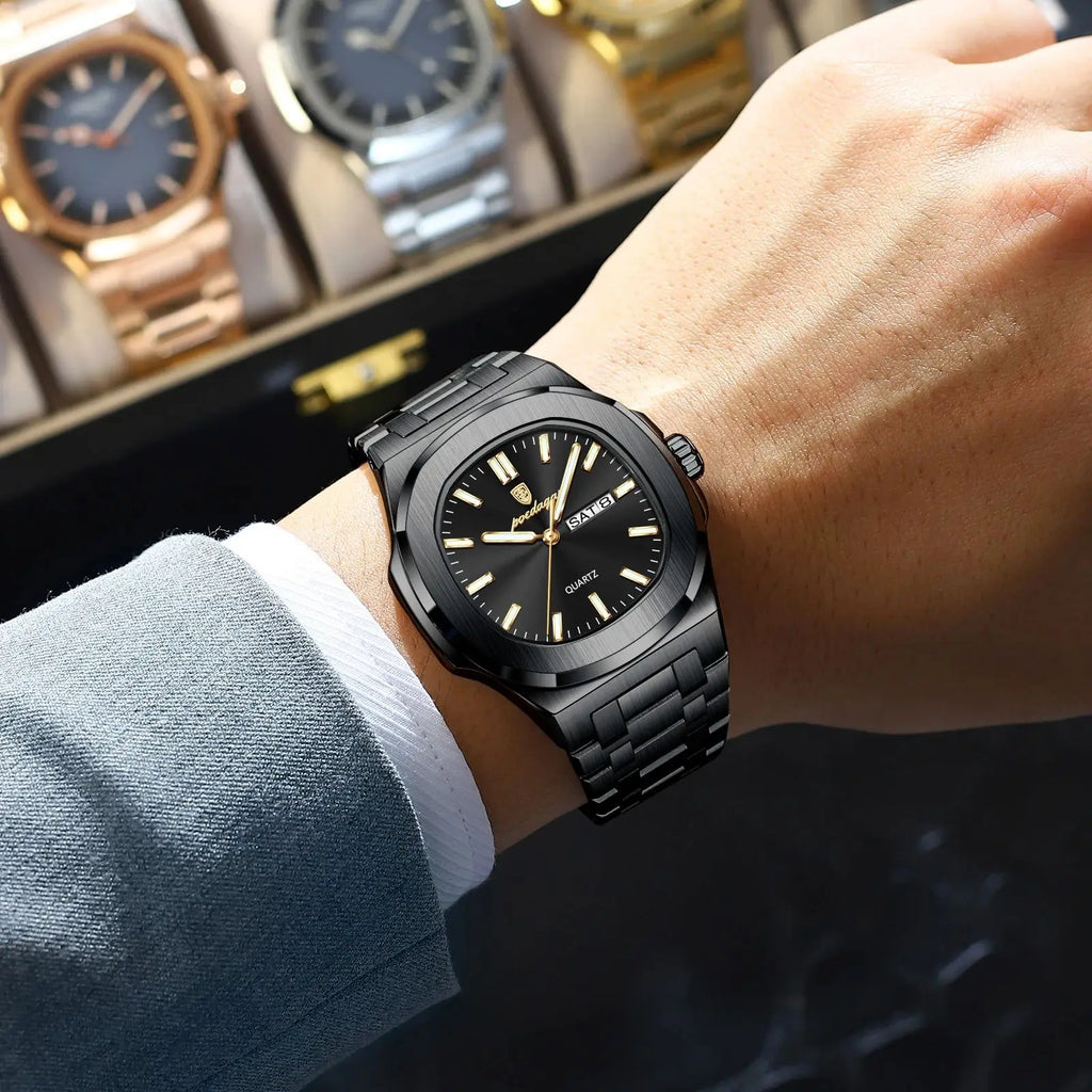 Original Square Watches for Men Week Date Stainless Steel Man Watch Luminous Waterproof Luxury Men'S Quartz Wristwatch