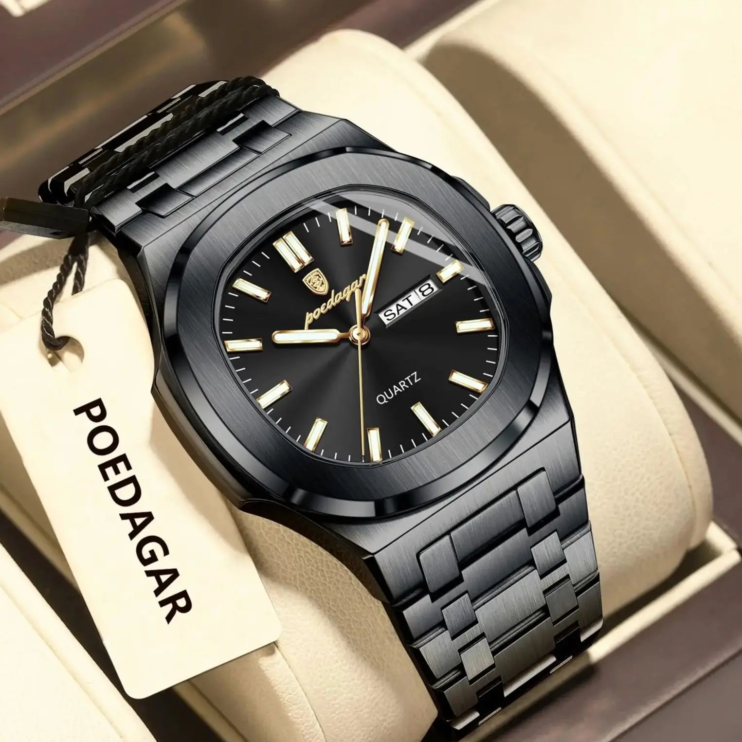 Original Square Watches for Men Week Date Stainless Steel Man Watch Luminous Waterproof Luxury Men'S Quartz Wristwatch