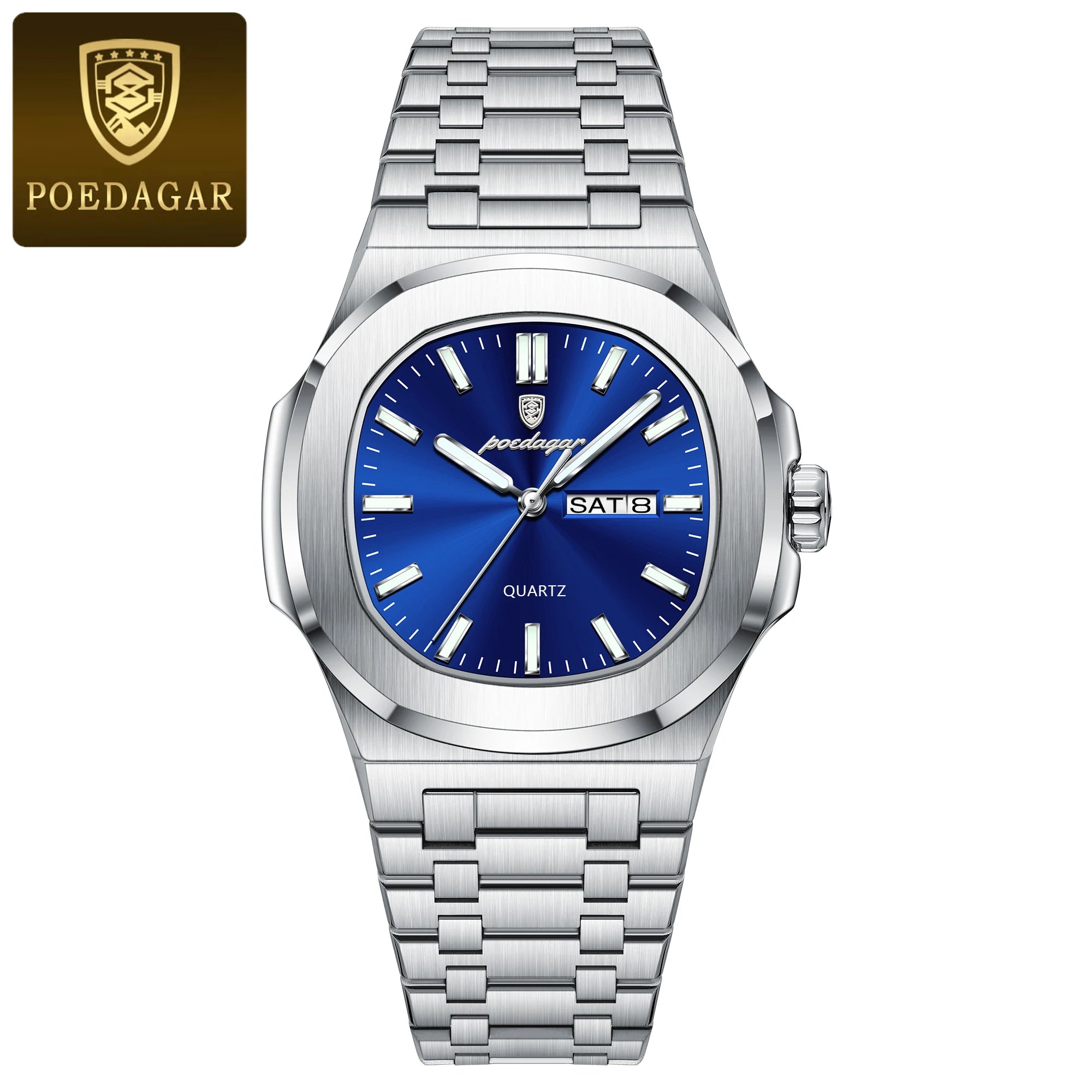 Original Square Watches for Men Week Date Stainless Steel Man Watch Luminous Waterproof Luxury Men'S Quartz Wristwatch