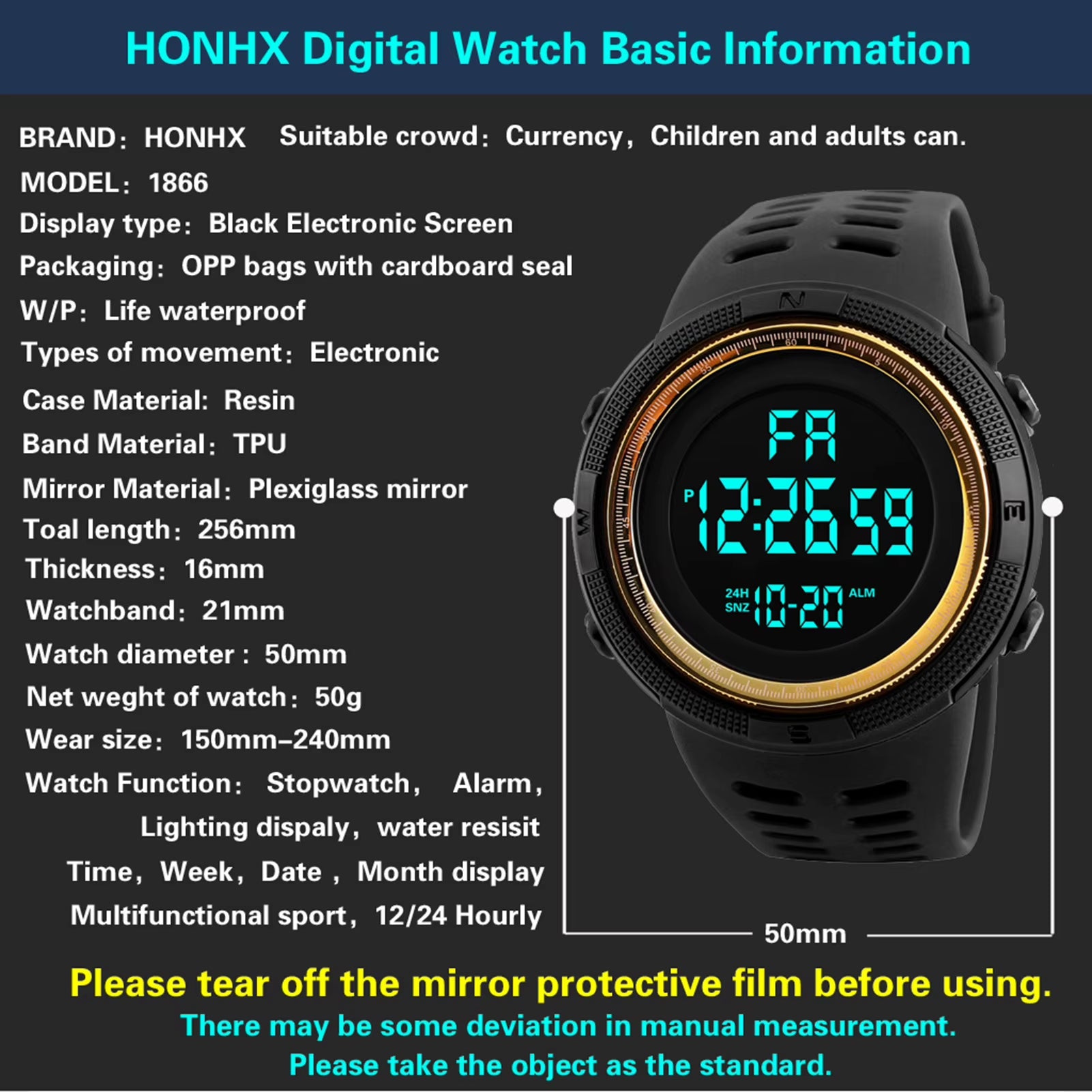 Men Digital Sports Watch Waterproof Casual Luminous Stopwatch Alarm Simple Army Watch for Running Climbing Fishing