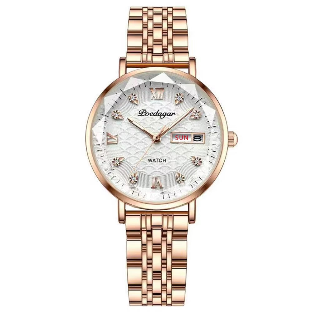 New Fashion Women Watch Week Date Stainless Steel Wristwatch Waterproof Luminous High Quality Luxury Ladies Watches+Box