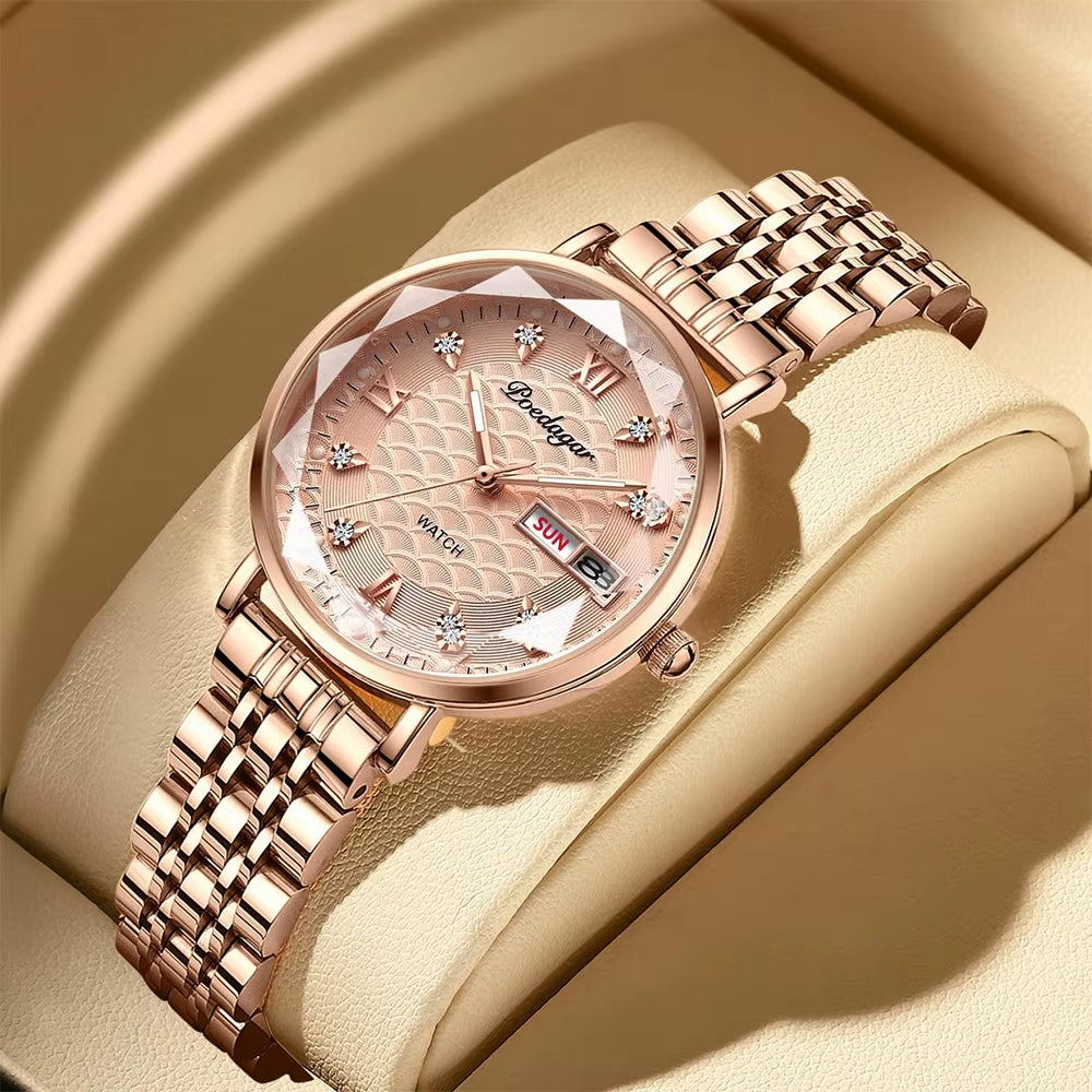 New Fashion Women Watch Week Date Stainless Steel Wristwatch Waterproof Luminous High Quality Luxury Ladies Watches+Box