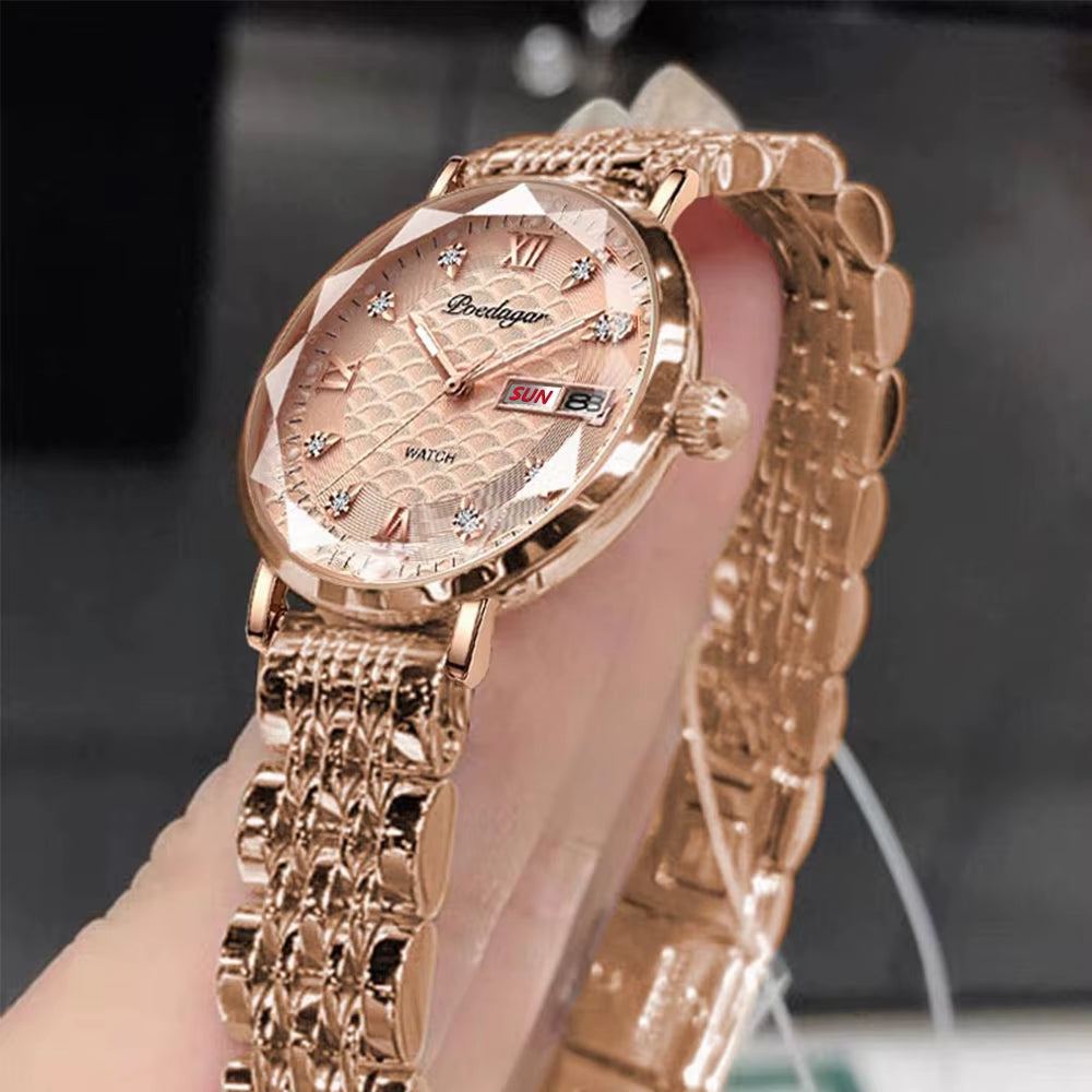 New Fashion Women Watch Week Date Stainless Steel Wristwatch Waterproof Luminous High Quality Luxury Ladies Watches+Box